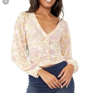 Free People Cream and Pink Floral Ruched Blouse